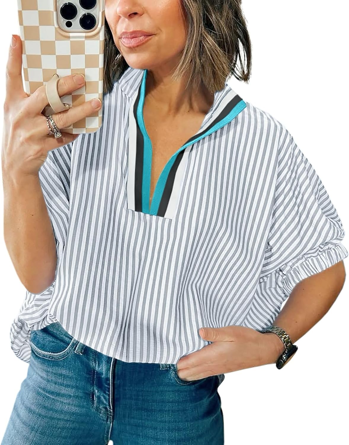 Womens Striped Contrast Neck Shirts Elbow Puff Sleeve Dolman Blouse Top