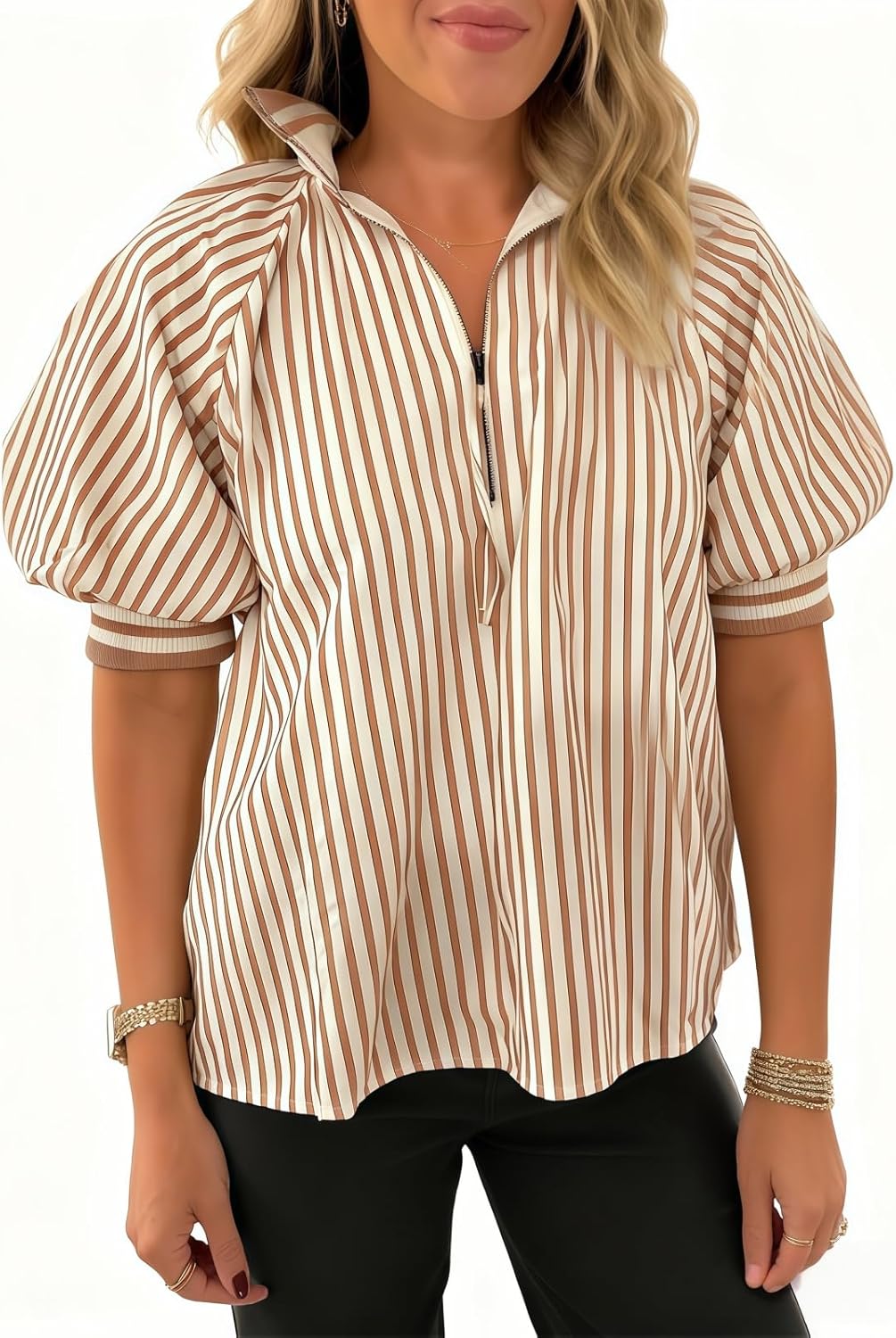 Womens Lantern Short Sleeves Striped Blouse Color Block Drop Shoulder Shirts Top Khaki