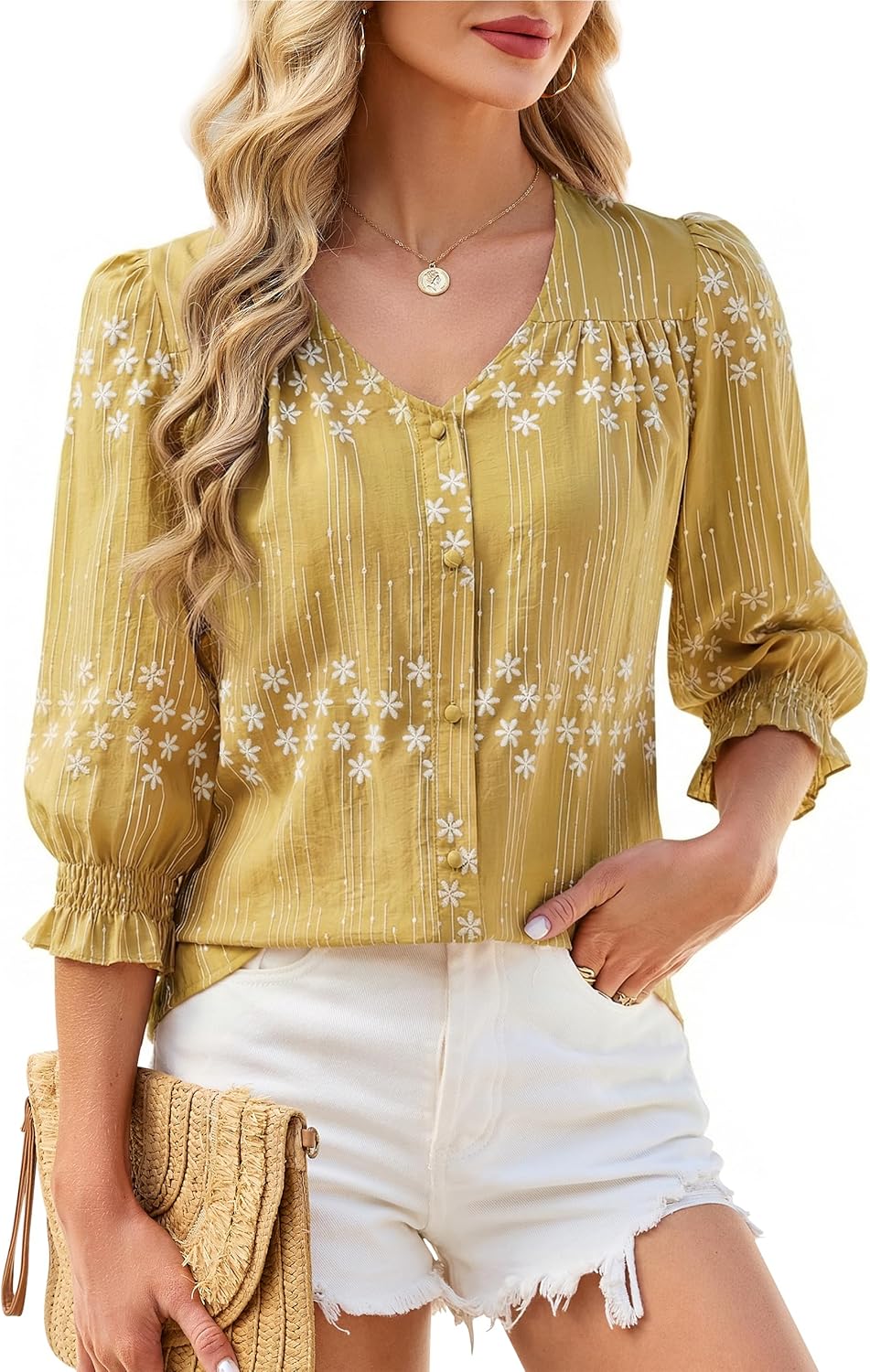Blooming Jelly Womens 3/4 Length Sleeve Tops Summer Business Casual Blouses Button Down Shirts Boho Floral Clothes