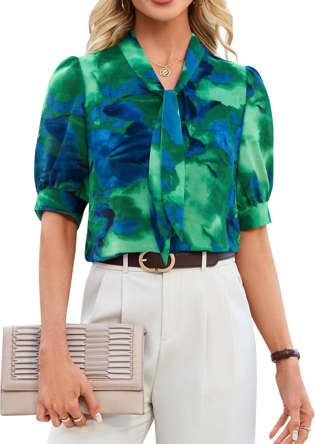Blooming Jelly Women Business Casual Tops Button Down Shirts Summer Work Short Sleeve Blouses with Tie Neck