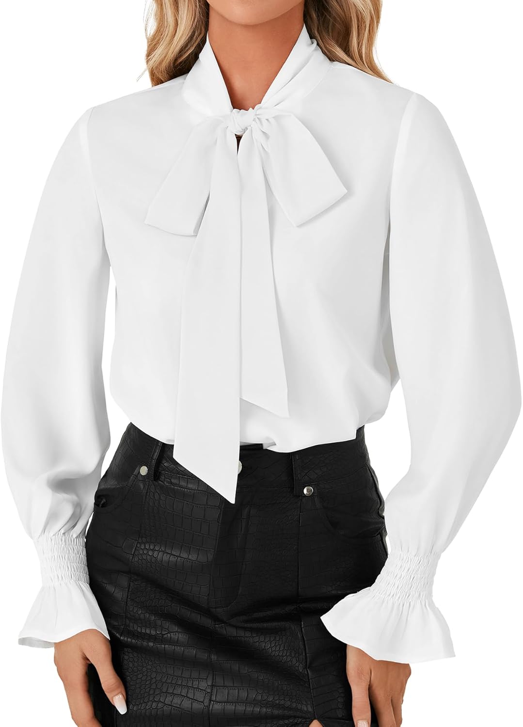 LYANER Women's Bow Tie Neck Blouse Ruffle Long Sleeve Business Dressy Office Shirt Top