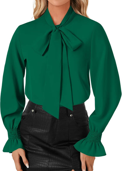 LYANER Women's Bow Tie Neck Blouse Ruffle Long Sleeve Business Dressy Office Shirt Top