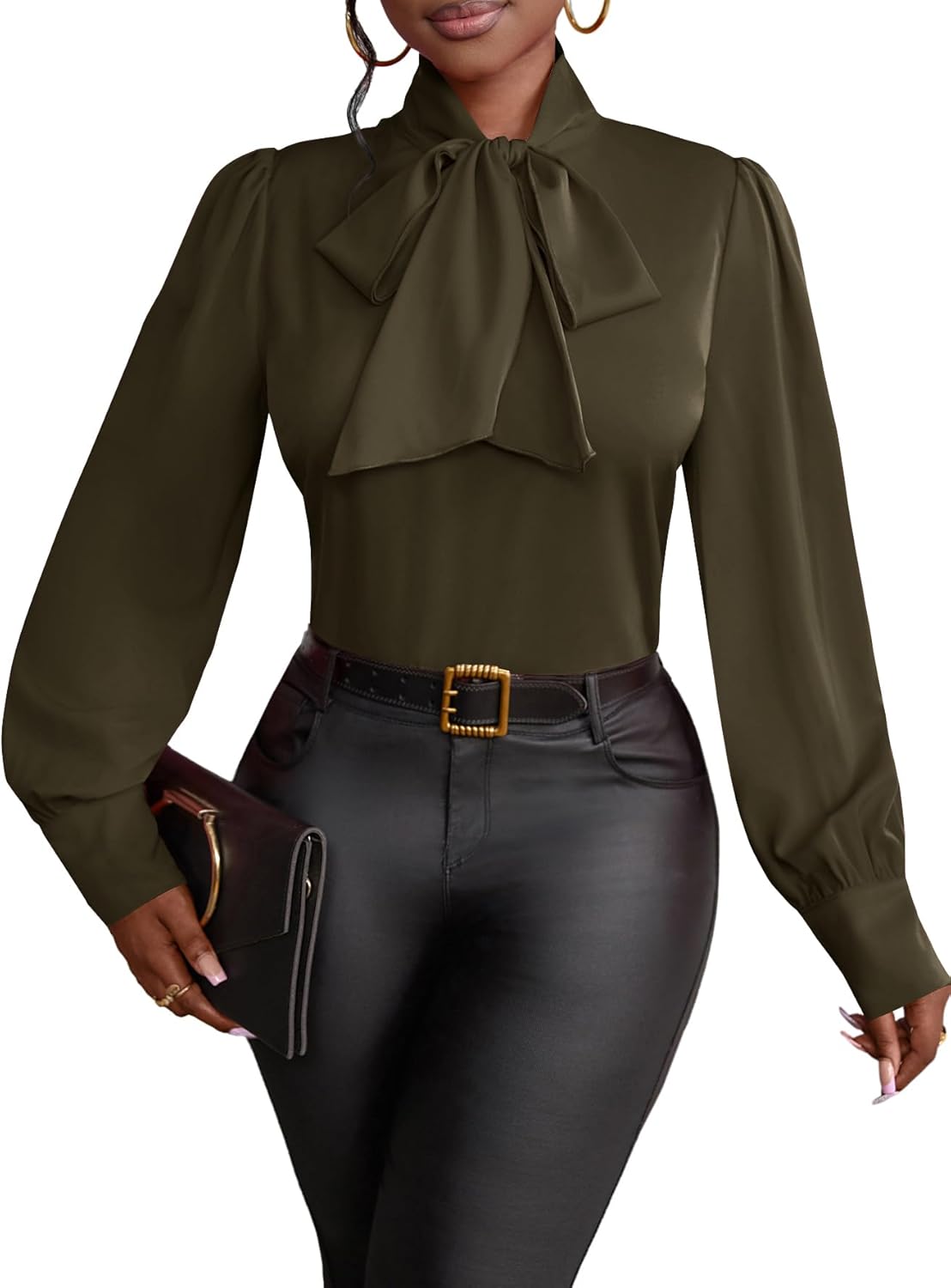 Vrtige Women's Bow Tie Neck Long Sleeve Elegant Blouse Shirt Top