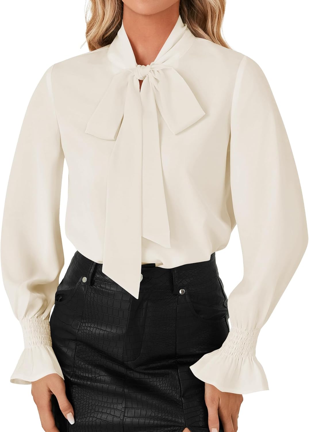 LYANER Women's Bow Tie Neck Blouse Ruffle Long Sleeve Business Dressy Office Shirt Top