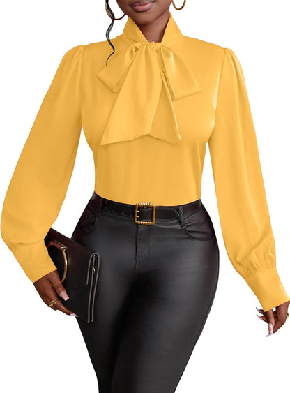 Vrtige Women's Bow Tie Neck Long Sleeve Elegant Blouse Shirt Top