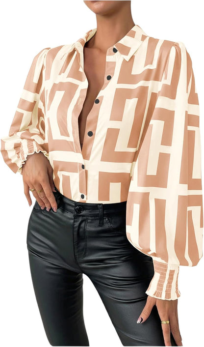 SweatyRocks Women's Graphic Print Long Lantern Sleeve Collar Neck Button Front Blouse Shirt Top