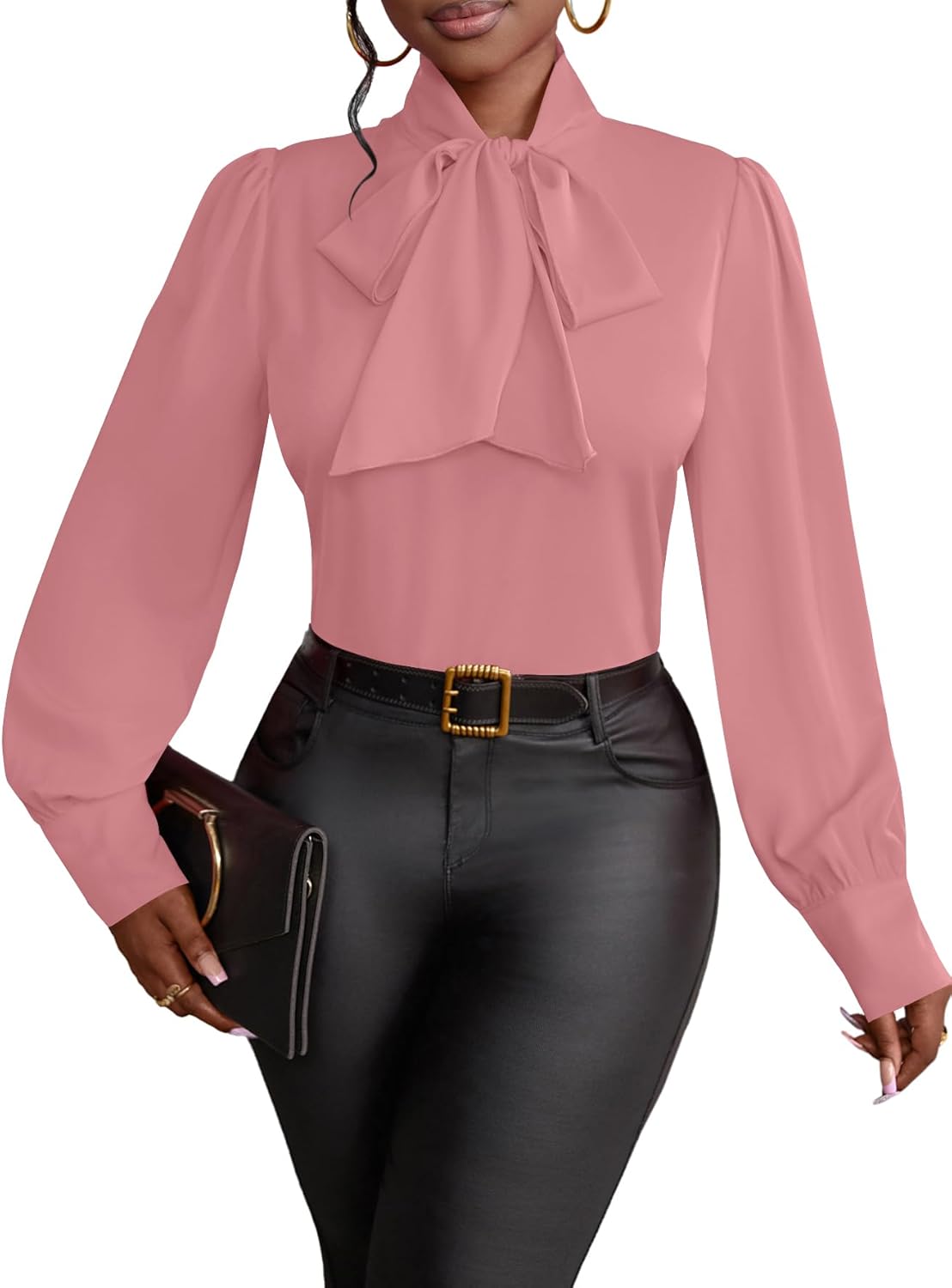 Vrtige Women's Bow Tie Neck Long Sleeve Elegant Blouse Shirt Top