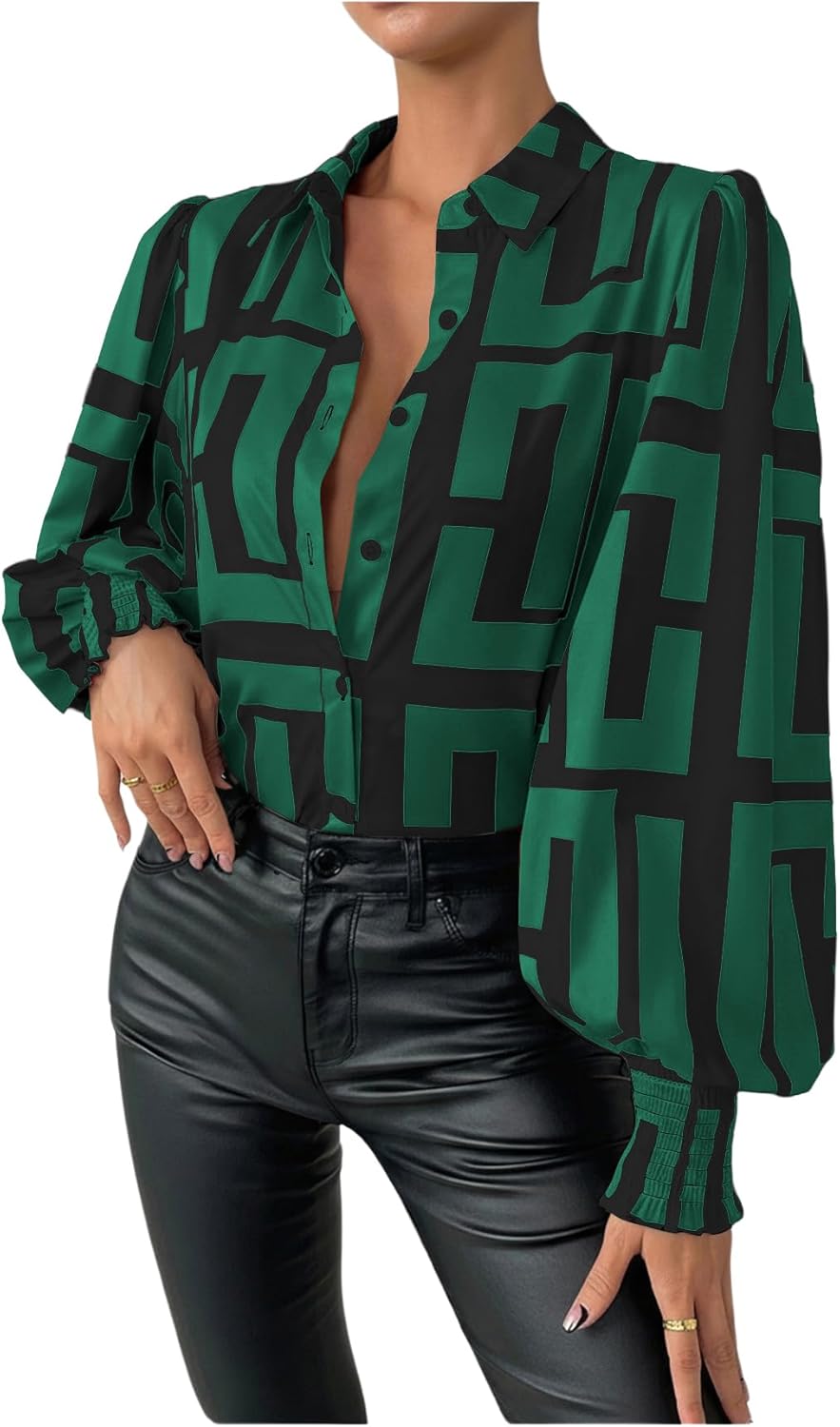 SweatyRocks Women's Graphic Print Long Lantern Sleeve Collar Neck Button Front Blouse Shirt Top