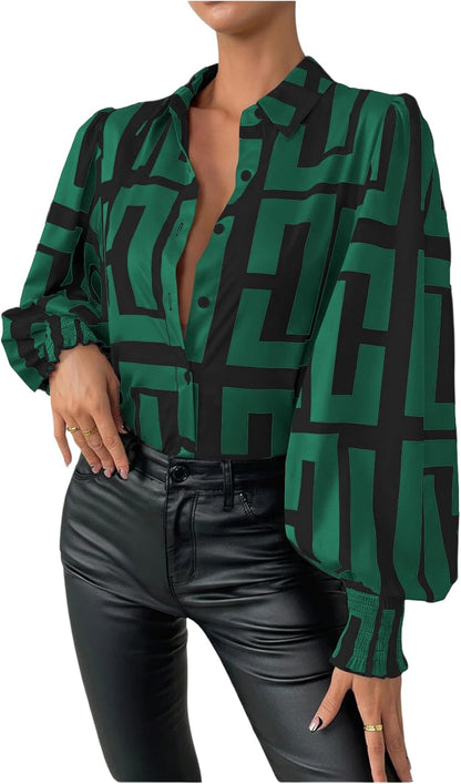 SweatyRocks Women's Graphic Print Long Lantern Sleeve Collar Neck Button Front Blouse Shirt Top