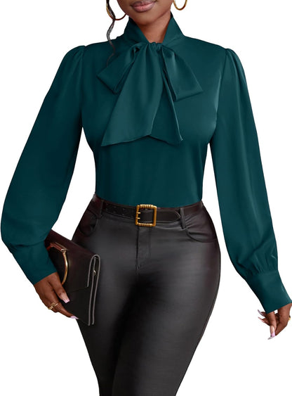 Vrtige Women's Bow Tie Neck Long Sleeve Elegant Blouse Shirt Top