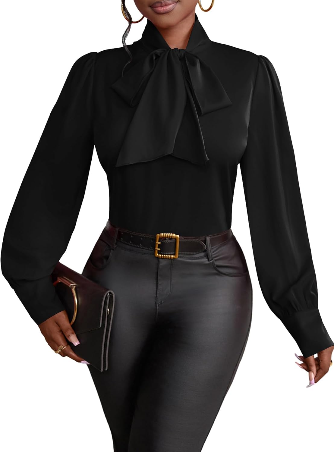 Vrtige Women's Bow Tie Neck Long Sleeve Elegant Blouse Shirt Top