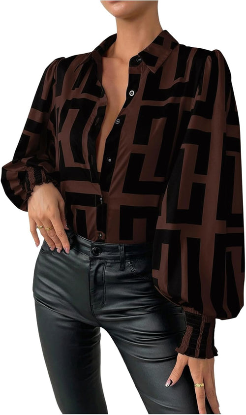 SweatyRocks Women's Graphic Print Long Lantern Sleeve Collar Neck Button Front Blouse Shirt Top