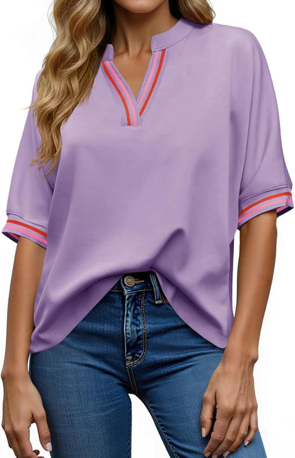 Tankaneo Womens Oversized T Shirt Casual V Neck Half Sleeve Color Block Work Tops Loose Fit Tunic Tees