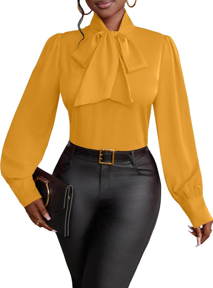 Vrtige Women's Bow Tie Neck Long Sleeve Elegant Blouse Shirt Top