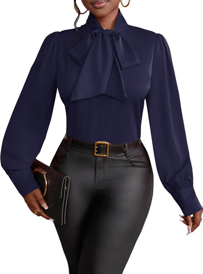 Vrtige Women's Bow Tie Neck Long Sleeve Elegant Blouse Shirt Top