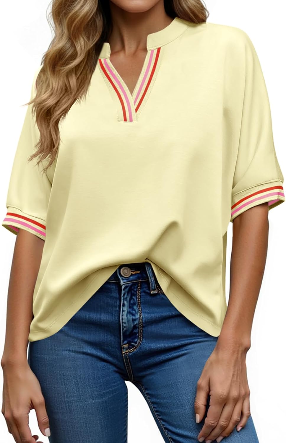Tankaneo Womens Oversized T Shirt Casual V Neck Half Sleeve Color Block Work Tops Loose Fit Tunic Tees