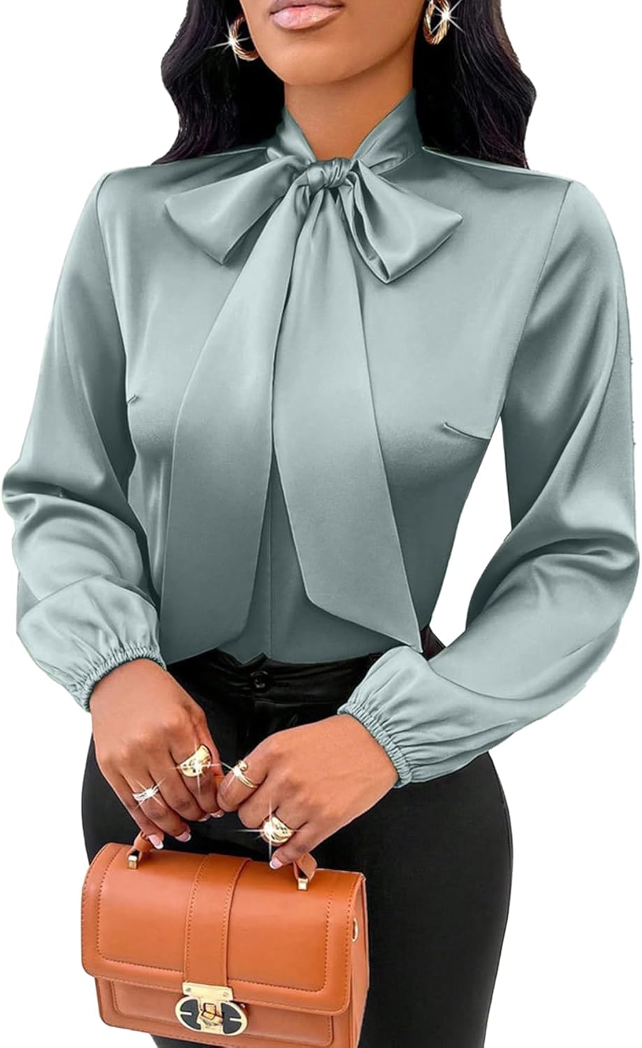 Women's Satin Tie Neck Blouse Long Sleeve Elegant Work Shirt Top