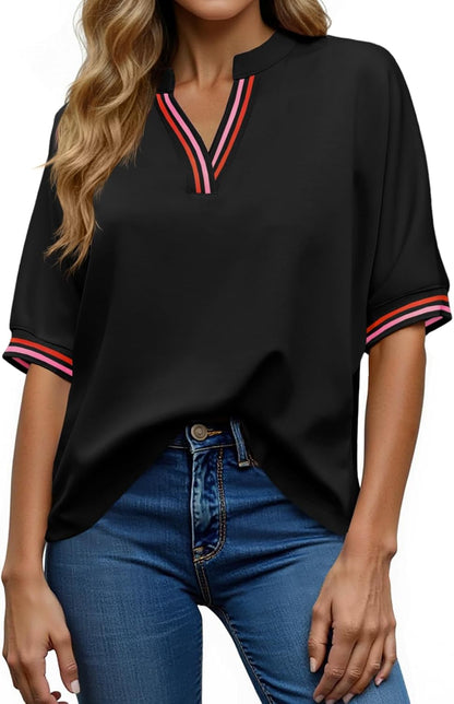 Tankaneo Womens Oversized T Shirt Casual V Neck Half Sleeve Color Block Work Tops Loose Fit Tunic Tees