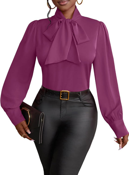Vrtige Women's Bow Tie Neck Long Sleeve Elegant Blouse Shirt Top