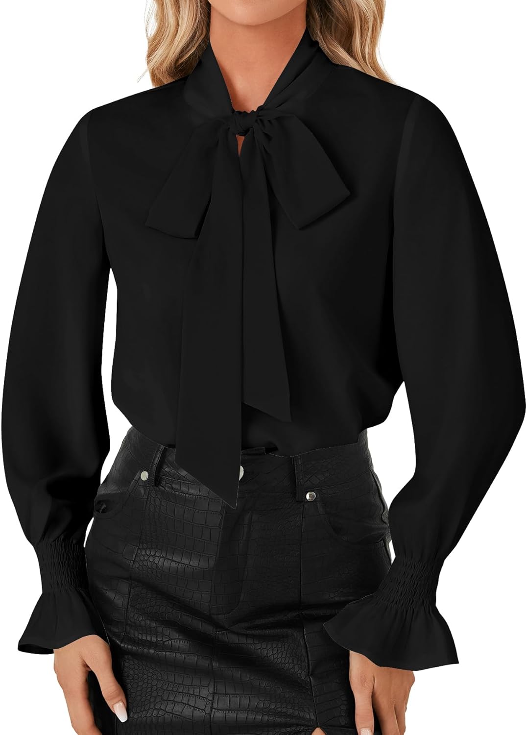 LYANER Women's Bow Tie Neck Blouse Ruffle Long Sleeve Business Dressy Office Shirt Top