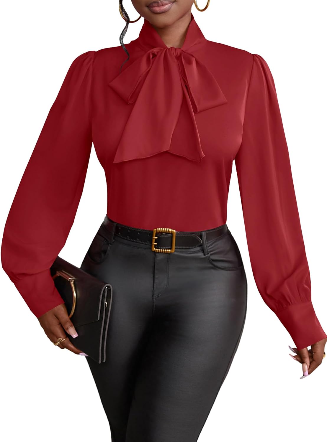 Vrtige Women's Bow Tie Neck Long Sleeve Elegant Blouse Shirt Top