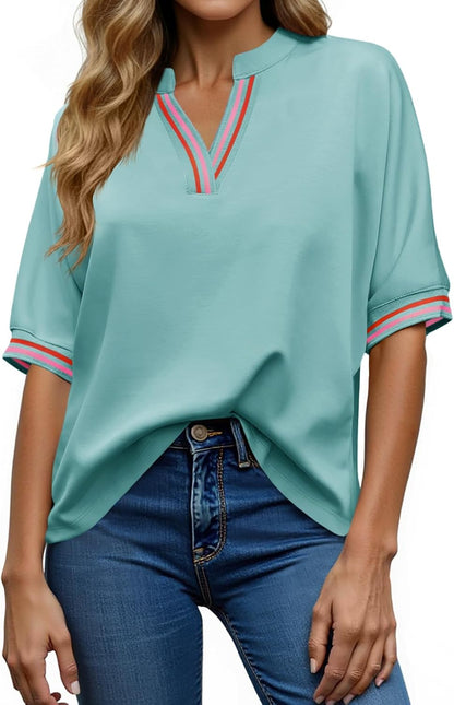 Tankaneo Womens Oversized T Shirt Casual V Neck Half Sleeve Color Block Work Tops Loose Fit Tunic Tees