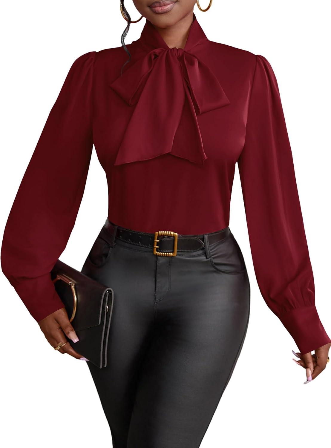 Vrtige Women's Bow Tie Neck Long Sleeve Elegant Blouse Shirt Top