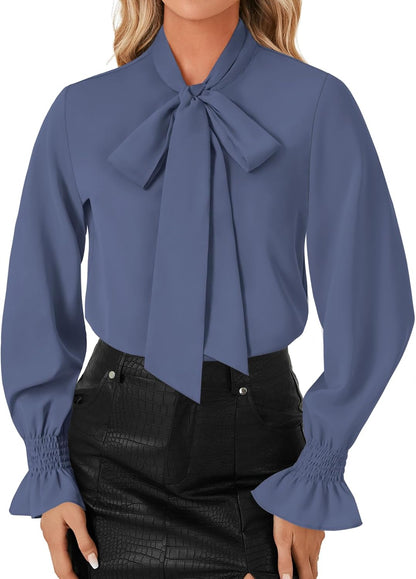 LYANER Women's Bow Tie Neck Blouse Ruffle Long Sleeve Business Dressy Office Shirt Top