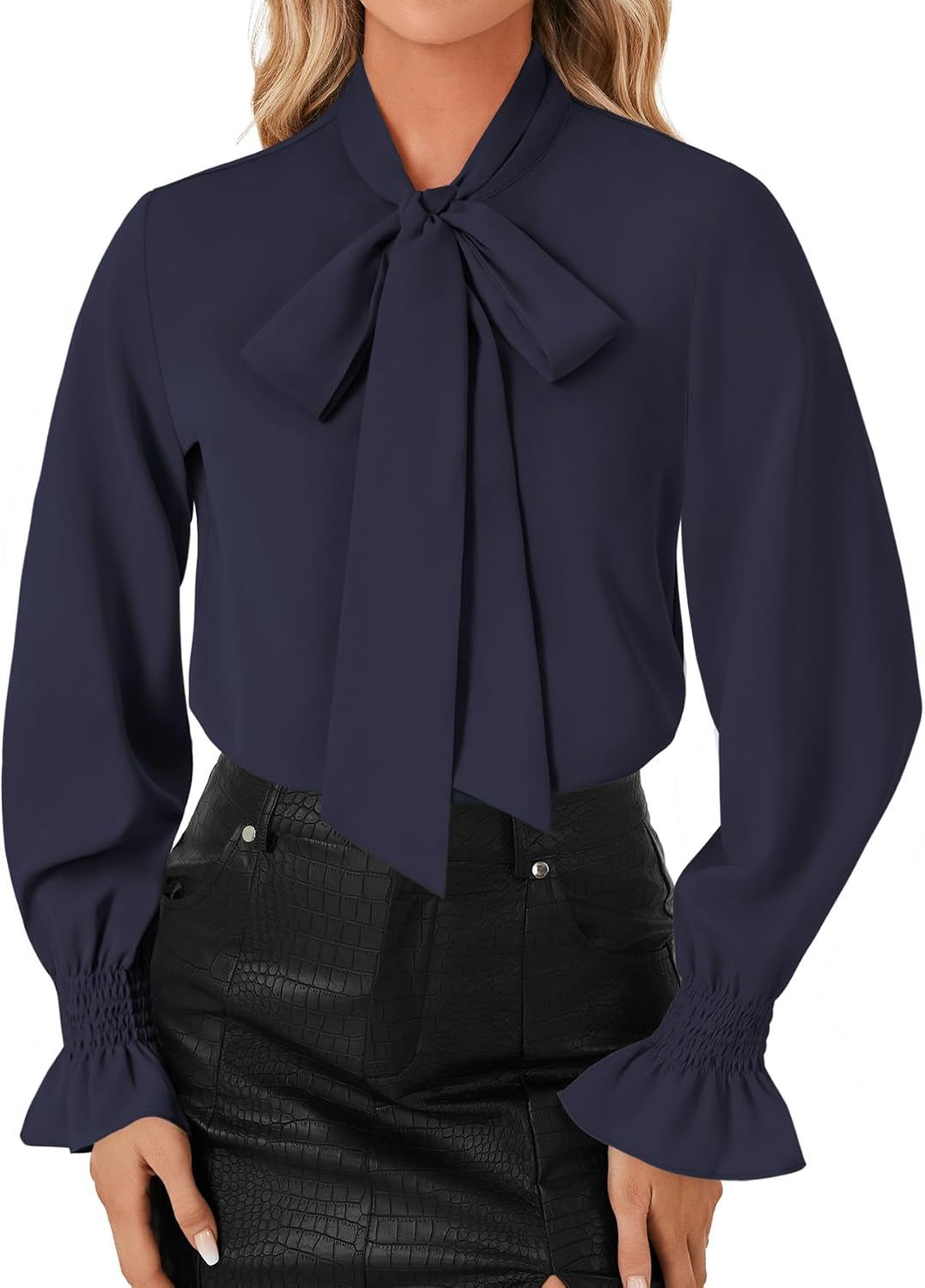 LYANER Women's Bow Tie Neck Blouse Ruffle Long Sleeve Business Dressy Office Shirt Top