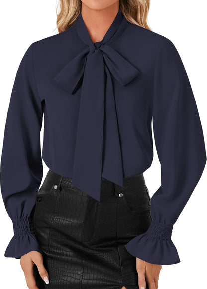 LYANER Women's Bow Tie Neck Blouse Ruffle Long Sleeve Business Dressy Office Shirt Top