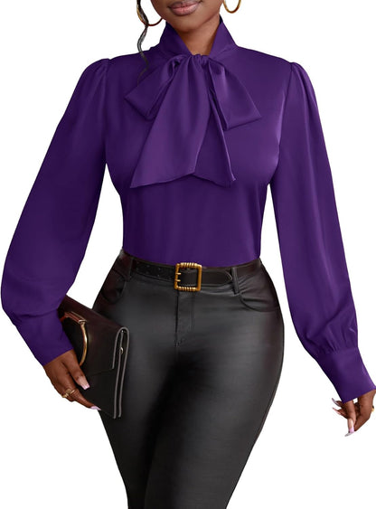 Vrtige Women's Bow Tie Neck Long Sleeve Elegant Blouse Shirt Top