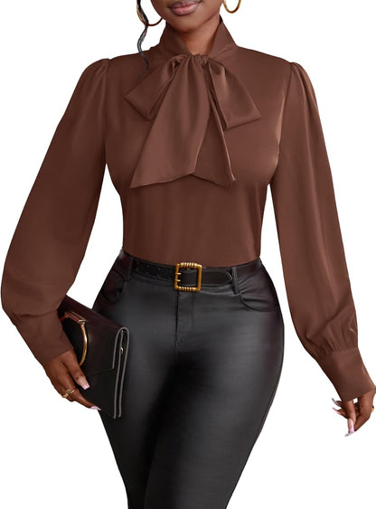 Vrtige Women's Bow Tie Neck Long Sleeve Elegant Blouse Shirt Top