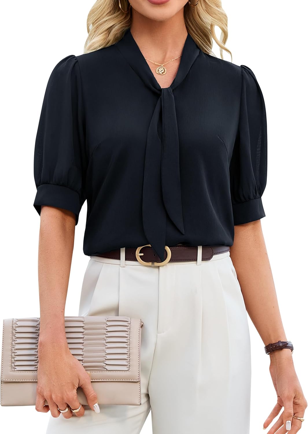 Blooming Jelly Women Business Casual Tops Button Down Shirts Summer Work Short Sleeve Blouses with Tie Neck