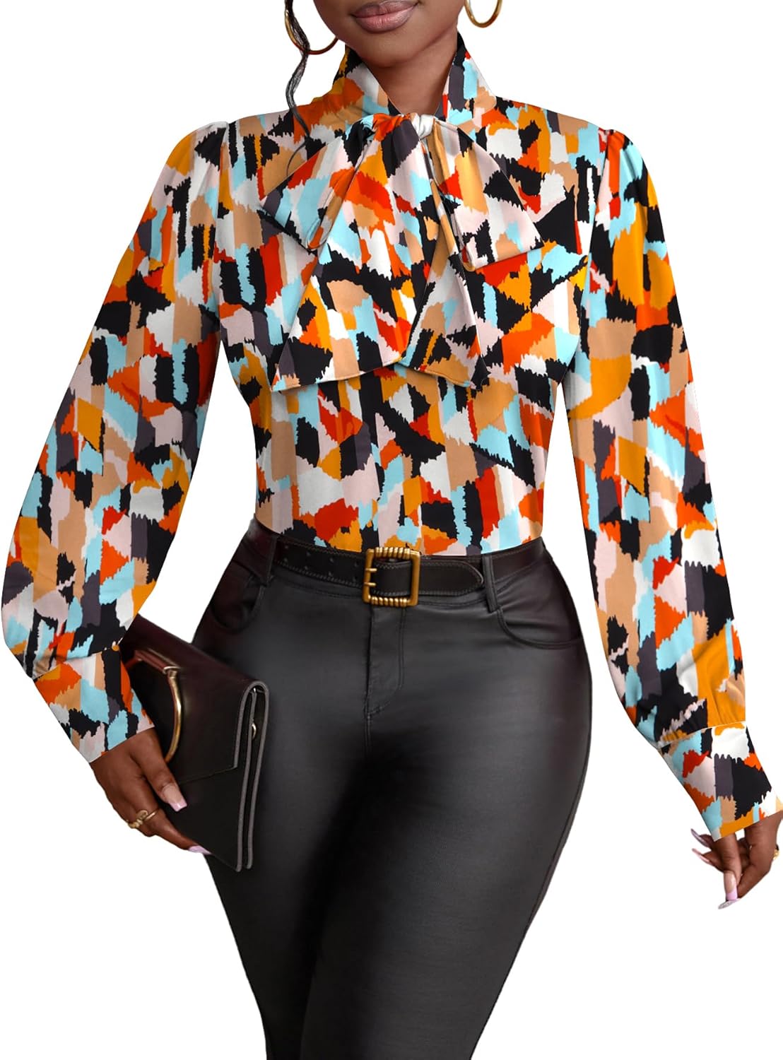 Vrtige Women's Bow Tie Neck Long Sleeve Elegant Blouse Shirt Top