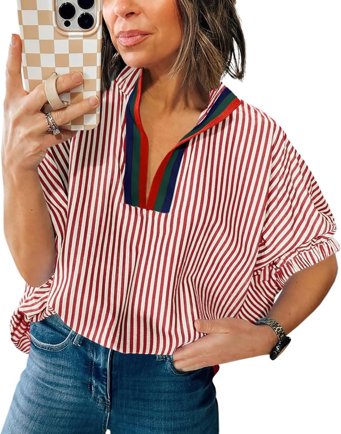 Womens Striped Contrast Neck Shirts Elbow Puff Sleeve Dolman Blouse Top