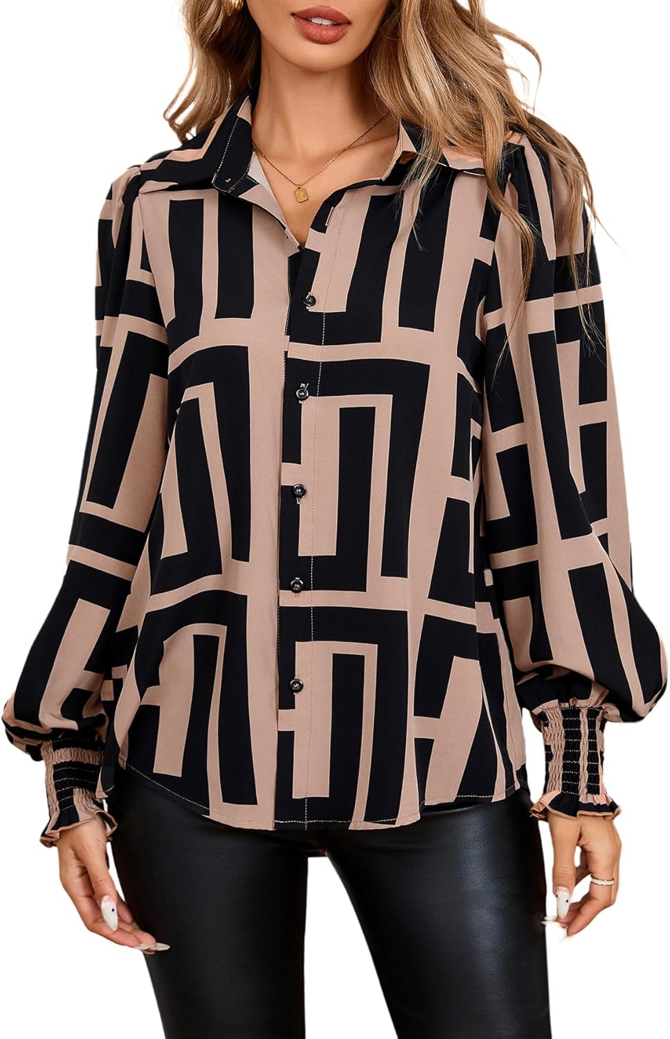 SweatyRocks Women's Graphic Print Long Lantern Sleeve Collar Neck Button Front Blouse Shirt Top