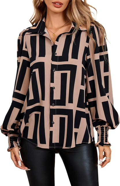 SweatyRocks Women's Graphic Print Long Lantern Sleeve Collar Neck Button Front Blouse Shirt Top