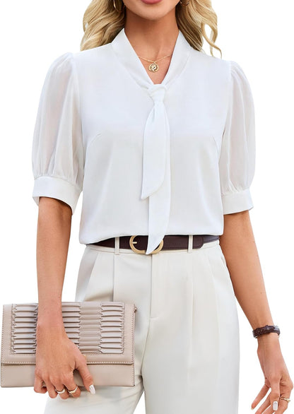 Blooming Jelly Women Business Casual Tops Button Down Shirts Summer Work Short Sleeve Blouses with Tie Neck