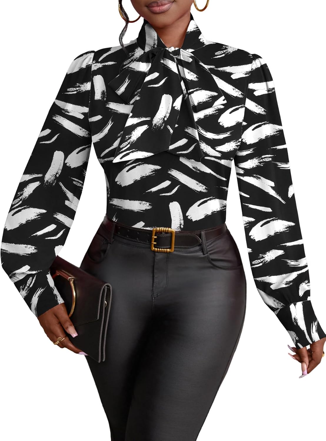 Vrtige Women's Bow Tie Neck Long Sleeve Elegant Blouse Shirt Top