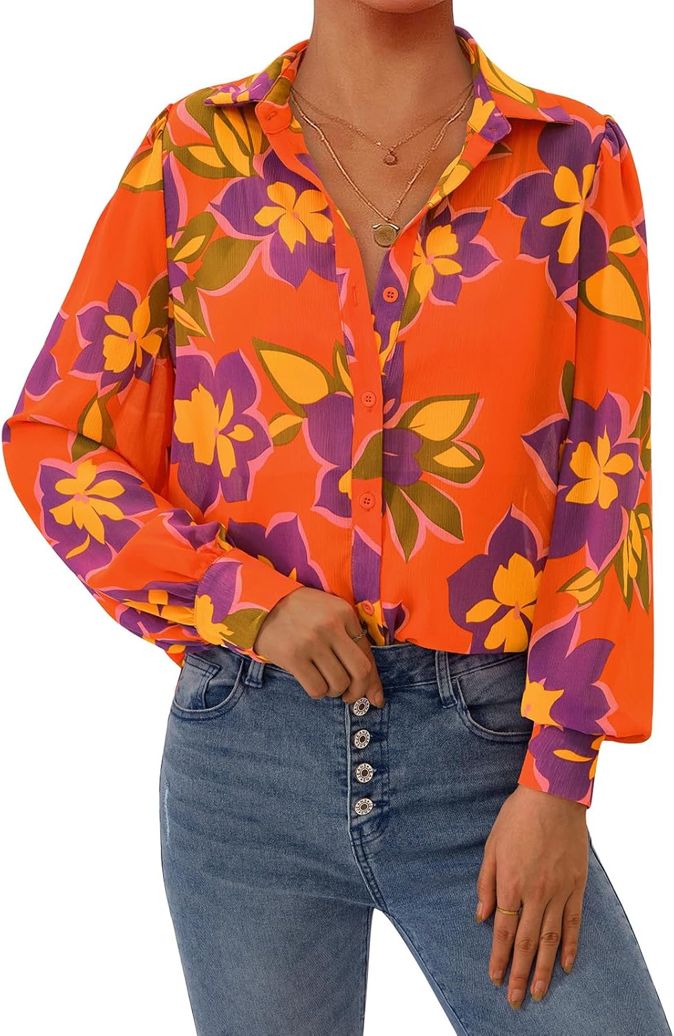 PRETTYGARDEN Women's Floral Blouses Dressy Casual V Neck Button Down Shirts Lantern Long Sleeve Boho Chiffon Spring Tops 2026