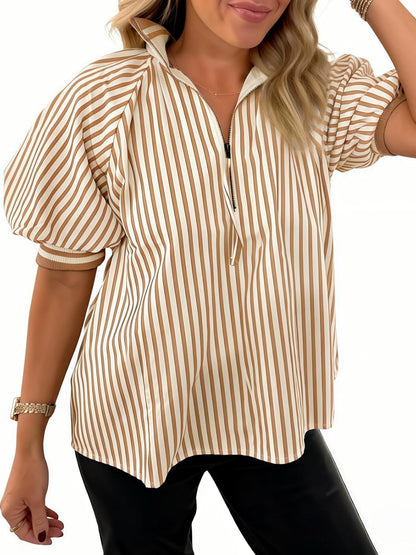 Womens Lantern Short Sleeves Striped Blouse Color Block Drop Shoulder Shirts Top Khaki