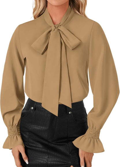 LYANER Women's Bow Tie Neck Blouse Ruffle Long Sleeve Business Dressy Office Shirt Top