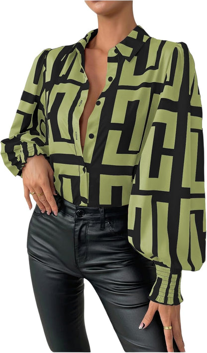 SweatyRocks Women's Graphic Print Long Lantern Sleeve Collar Neck Button Front Blouse Shirt Top