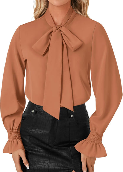 LYANER Women's Bow Tie Neck Blouse Ruffle Long Sleeve Business Dressy Office Shirt Top