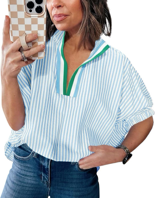 Womens Striped Contrast Neck Shirts Elbow Puff Sleeve Dolman Blouse Top