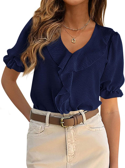 PRETTYGARDEN Women's Summer Dressy Casual Blouses 2026 Short Sleeve V Neck Ruffle Business Work Tops Trendy Spring Outfits