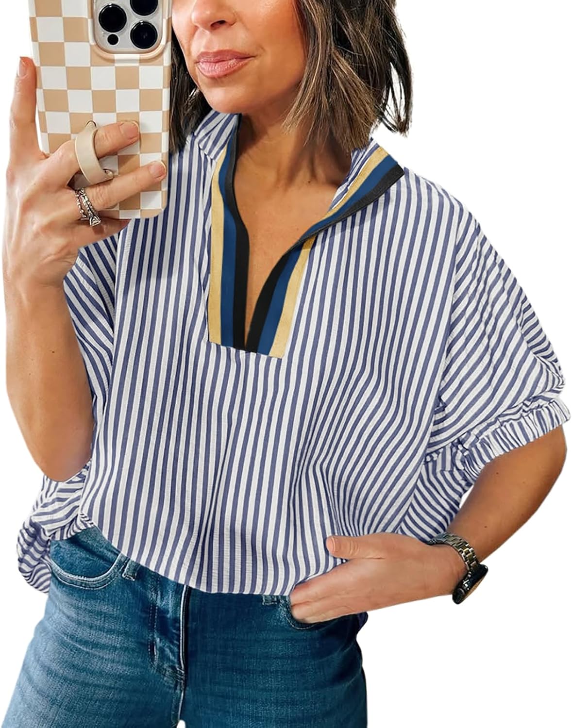 Womens Striped Contrast Neck Shirts Elbow Puff Sleeve Dolman Blouse Top