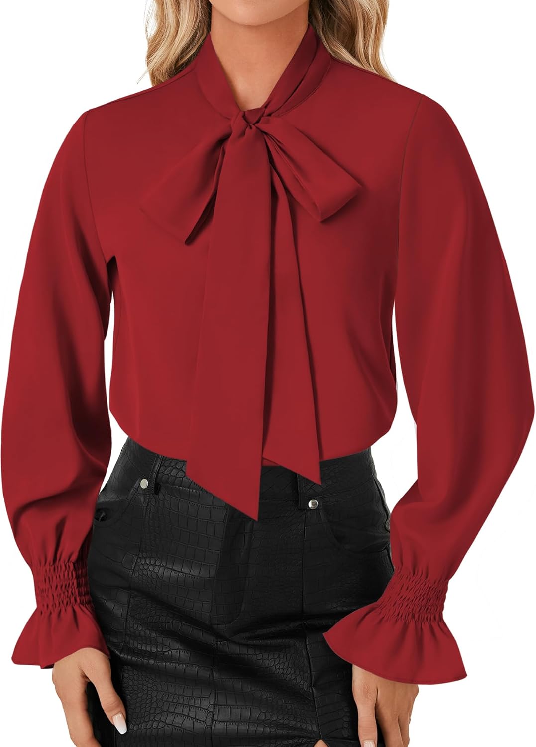 LYANER Women's Bow Tie Neck Blouse Ruffle Long Sleeve Business Dressy Office Shirt Top