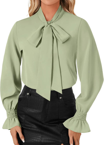 LYANER Women's Bow Tie Neck Blouse Ruffle Long Sleeve Business Dressy Office Shirt Top