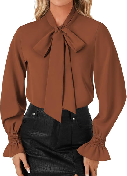 LYANER Women's Bow Tie Neck Blouse Ruffle Long Sleeve Business Dressy Office Shirt Top
